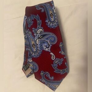 Bruno Piatelli 100% silk hand made tie. Burgundy with blue and silver paisley.